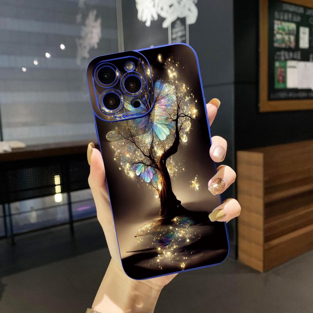 for iPhone 15 Pro Max 14 Plus 13 Pro Max 12 iPhone 11 XR 8 7 SE 2022 XS Max Bling Butterfly Tree Full Protective Case Anti Drop Cover