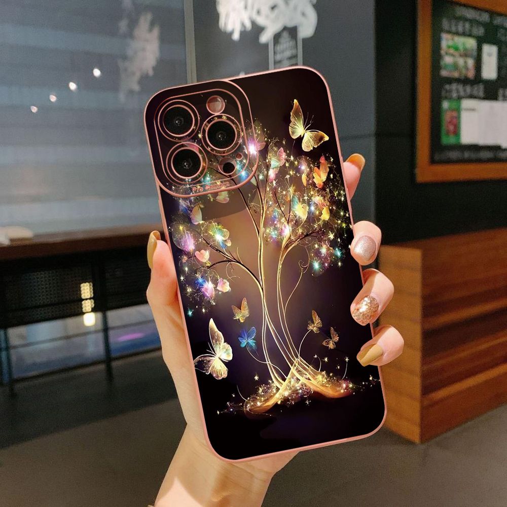 for iPhone 15 Pro Max 14 Plus 13 Pro Max 12 iPhone 11 XR 8 7 SE 2022 XS Max Bling Butterfly Tree Full Protective Case Anti Drop Cover