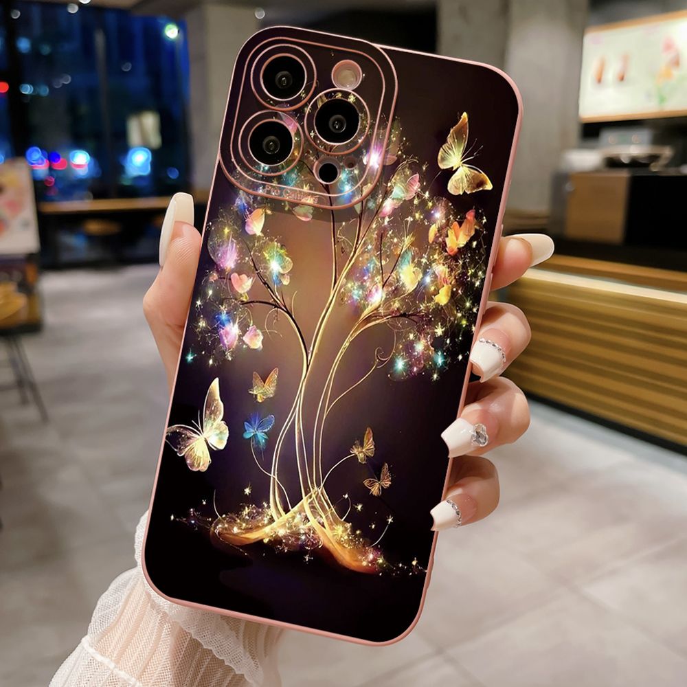 for iPhone 15 Pro Max 14 Plus 13 Pro Max 12 iPhone 11 XR 8 7 SE 2022 XS Max Bling Butterfly Tree Full Protective Case Anti Drop Cover