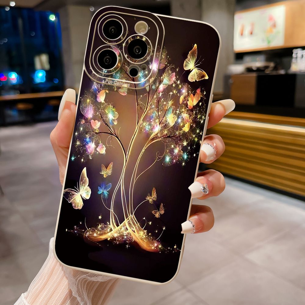 for iPhone 15 Pro Max 14 Plus 13 Pro Max 12 iPhone 11 XR 8 7 SE 2022 XS Max Bling Butterfly Tree Full Protective Case Anti Drop Cover