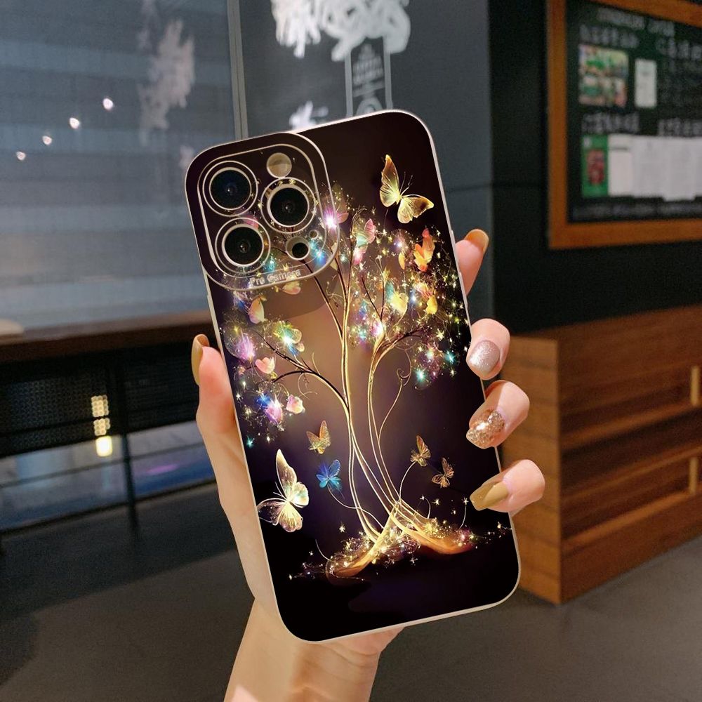 for iPhone 15 Pro Max 14 Plus 13 Pro Max 12 iPhone 11 XR 8 7 SE 2022 XS Max Bling Butterfly Tree Full Protective Case Anti Drop Cover