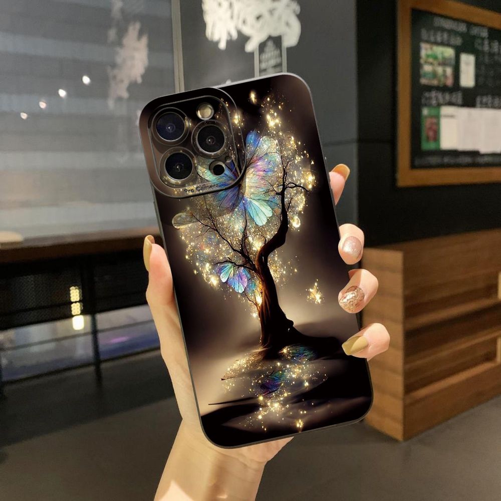 for iPhone 15 Pro Max 14 Plus 13 Pro Max 12 iPhone 11 XR 8 7 SE 2022 XS Max Bling Butterfly Tree Full Protective Case Anti Drop Cover