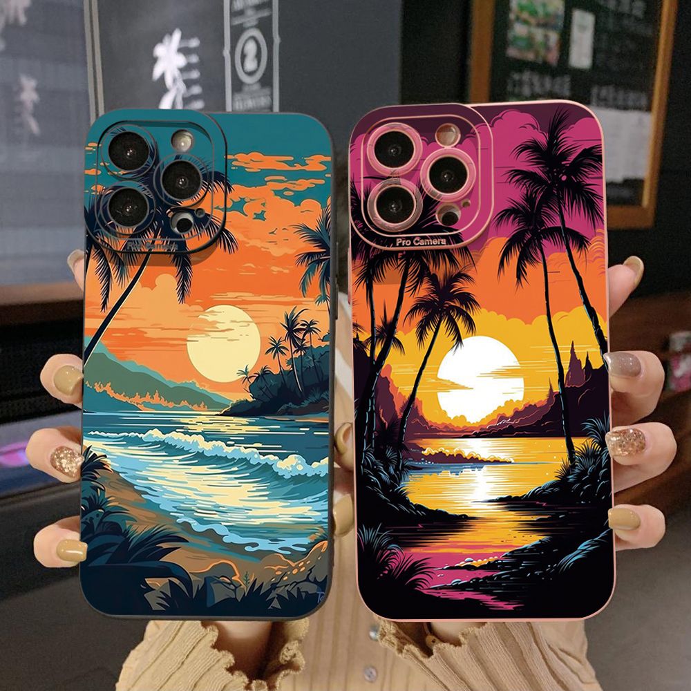 for iPhone 15 Pro Max 14 Plus 13 Pro Max 12 iPhone 11 XR 8 7 SE 2022 XS Max Sunset Coconut Tree Full Protective Case Anti Drop Cover