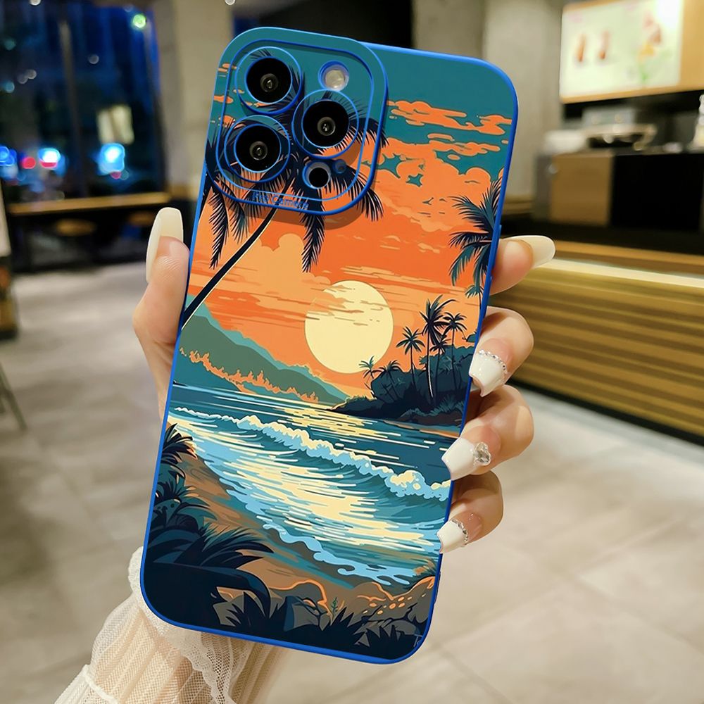 for iPhone 15 Pro Max 14 Plus 13 Pro Max 12 iPhone 11 XR 8 7 SE 2022 XS Max Sunset Coconut Tree Full Protective Case Anti Drop Cover
