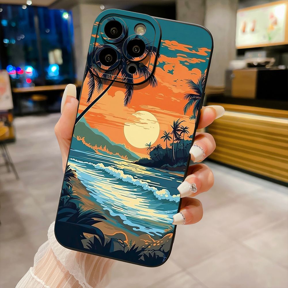 for iPhone 15 Pro Max 14 Plus 13 Pro Max 12 iPhone 11 XR 8 7 SE 2022 XS Max Sunset Coconut Tree Full Protective Case Anti Drop Cover