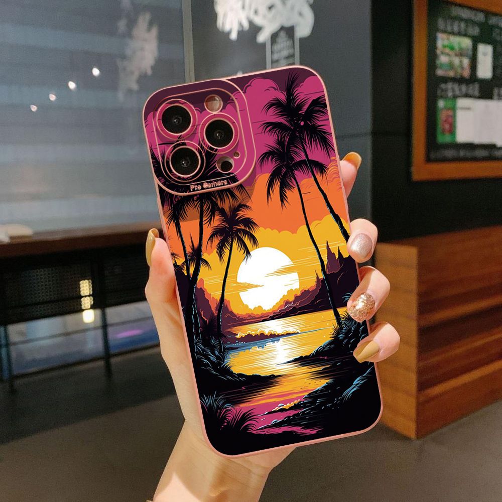 for iPhone 15 Pro Max 14 Plus 13 Pro Max 12 iPhone 11 XR 8 7 SE 2022 XS Max Sunset Coconut Tree Full Protective Case Anti Drop Cover
