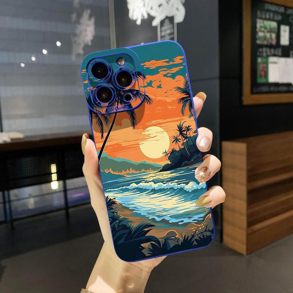 for iPhone 15 Pro Max 14 Plus 13 Pro Max 12 iPhone 11 XR 8 7 SE 2022 XS Max Sunset Coconut Tree Full Protective Case Anti Drop Cover