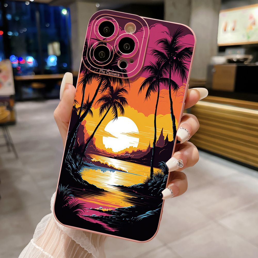 for iPhone 15 Pro Max 14 Plus 13 Pro Max 12 iPhone 11 XR 8 7 SE 2022 XS Max Sunset Coconut Tree Full Protective Case Anti Drop Cover