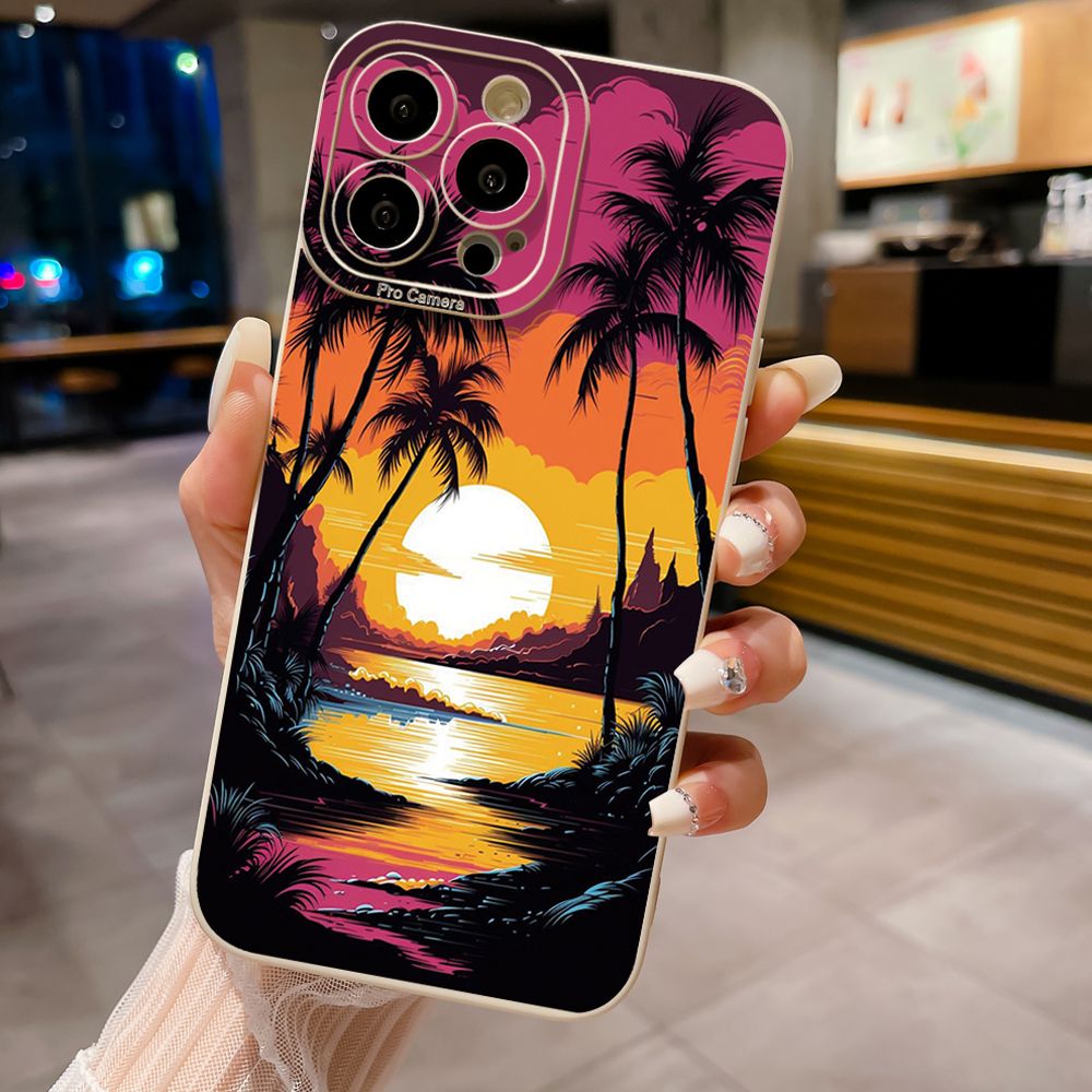 for iPhone 15 Pro Max 14 Plus 13 Pro Max 12 iPhone 11 XR 8 7 SE 2022 XS Max Sunset Coconut Tree Full Protective Case Anti Drop Cover