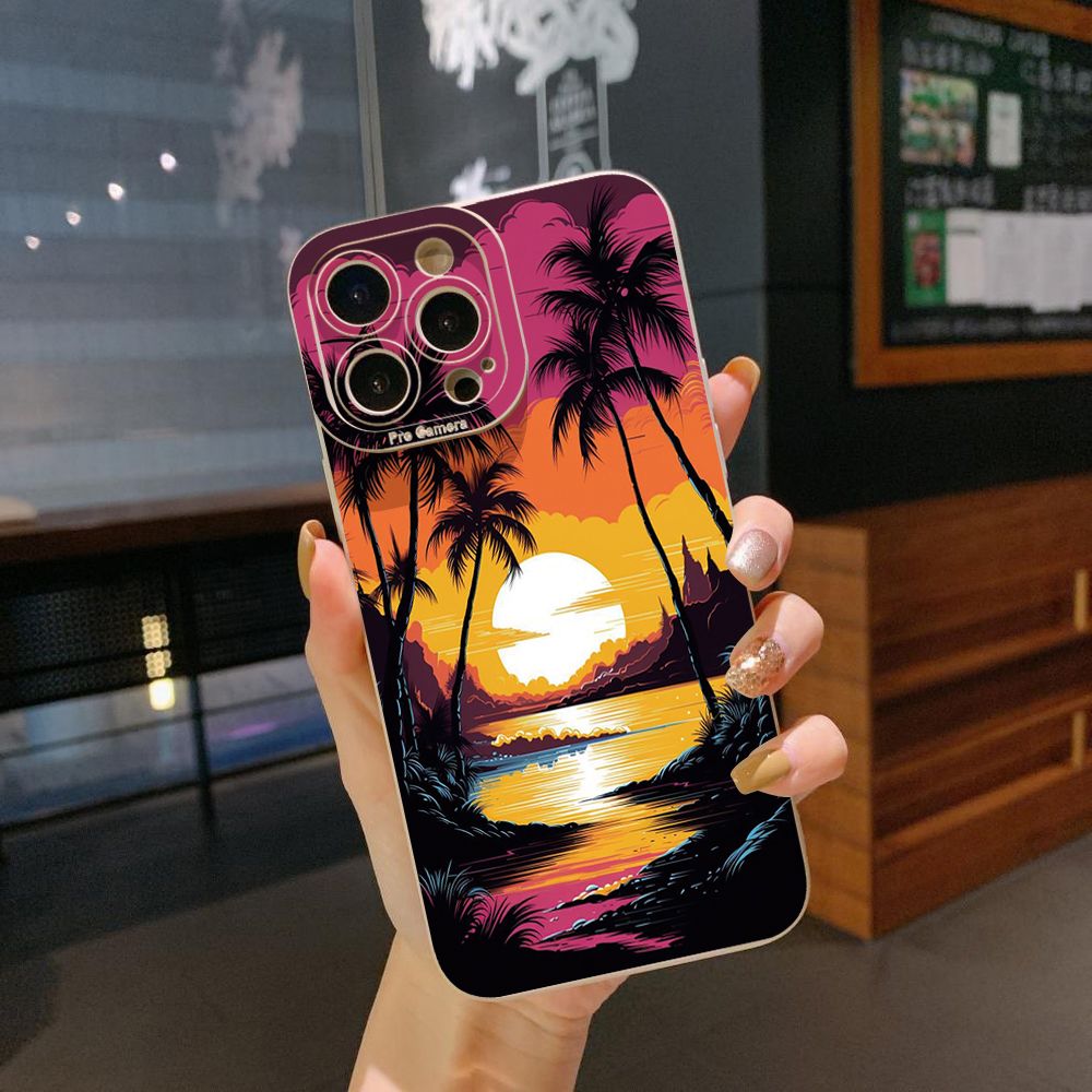 for iPhone 15 Pro Max 14 Plus 13 Pro Max 12 iPhone 11 XR 8 7 SE 2022 XS Max Sunset Coconut Tree Full Protective Case Anti Drop Cover