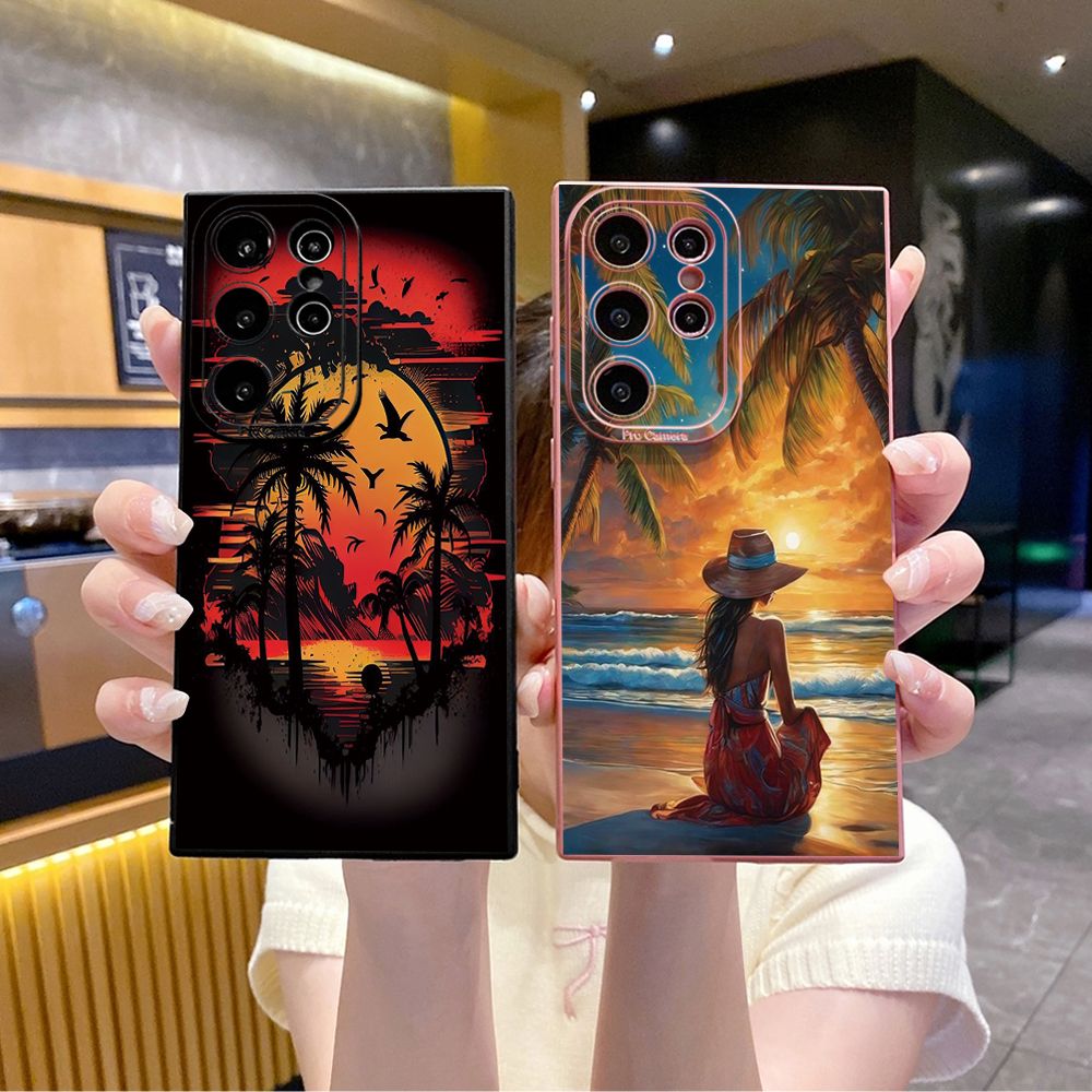 for Samsung Galaxy S24 S23 Ultra S22 Plus Note 20 S21 FE S20 Coconut Tree Vocation Girl Full Protective Case Anti Drop Cover