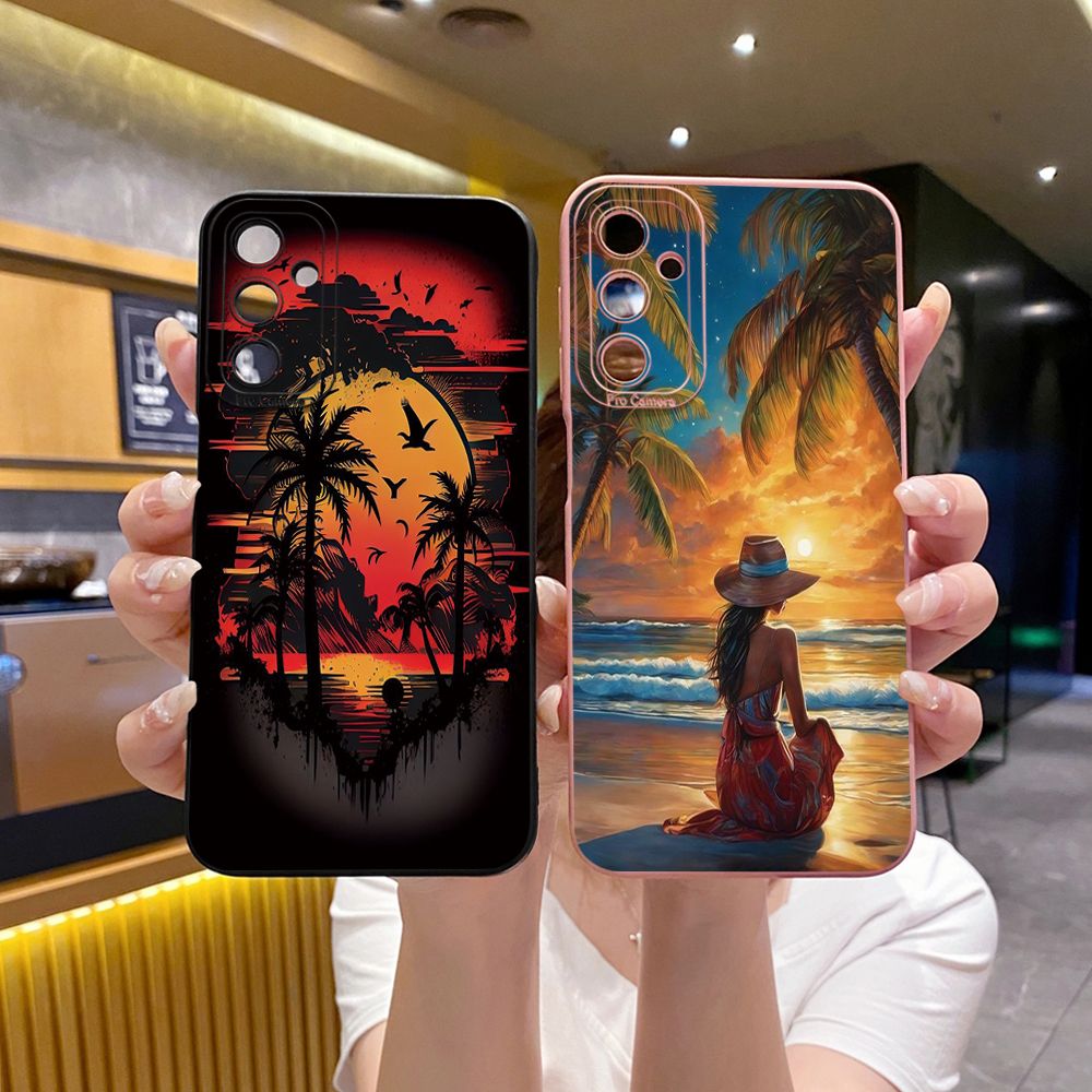 for Samsung Galaxy A15 A05 A35 A55 A04E A14 A24 A34 A54 A33 A53 A73 5G A32 A52S A72 A31 A51 A71 A11 A50 A03S Coconut Tree Vocation Girl Full Protective Case Anti Drop Cover