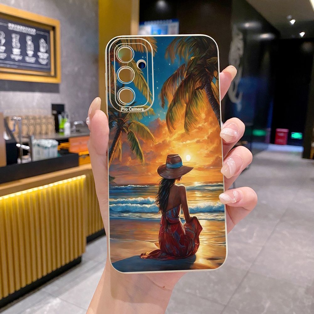 for Samsung Galaxy A15 A05 A35 A55 A04E A14 A24 A34 A54 A33 A53 A73 5G A32 A52S A72 A31 A51 A71 A11 A50 A03S Coconut Tree Vocation Girl Full Protective Case Anti Drop Cover