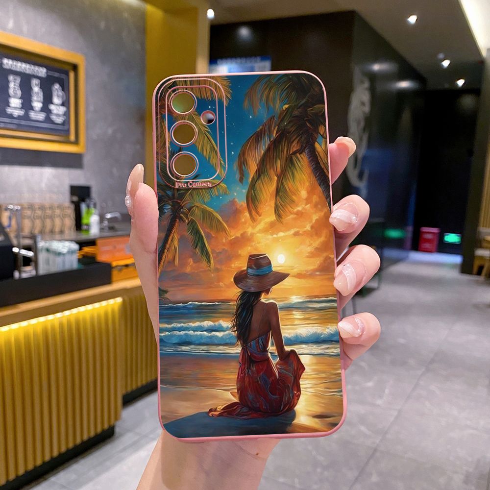for Samsung Galaxy A15 A05 A35 A55 A04E A14 A24 A34 A54 A33 A53 A73 5G A32 A52S A72 A31 A51 A71 A11 A50 A03S Coconut Tree Vocation Girl Full Protective Case Anti Drop Cover