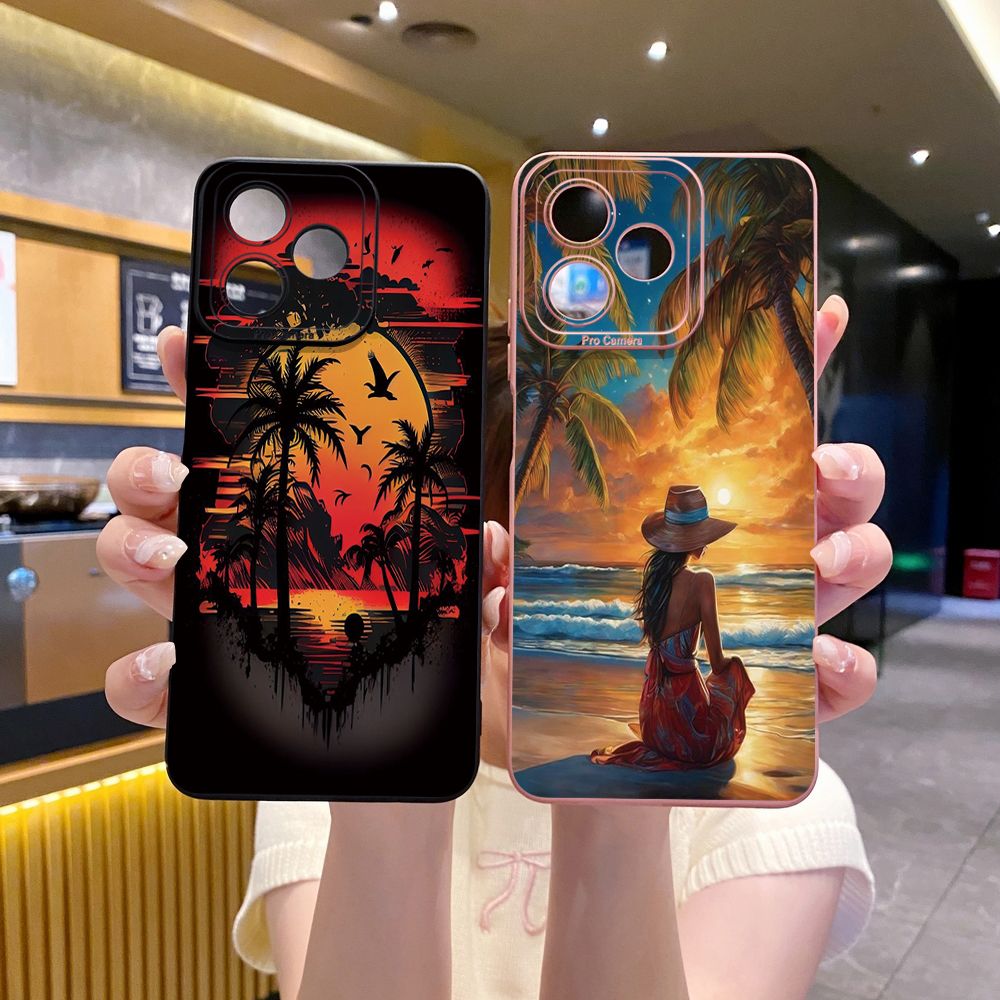 for Realme C67 C53 C51 Note 50 C21 C33 C30 C35 C11 2021 C12 C15 C21Y C25Y C25S Realme5 5i 6i 9i 8 Pro Coconut Tree Vocation Girl Full Protective Case Anti Drop Cover