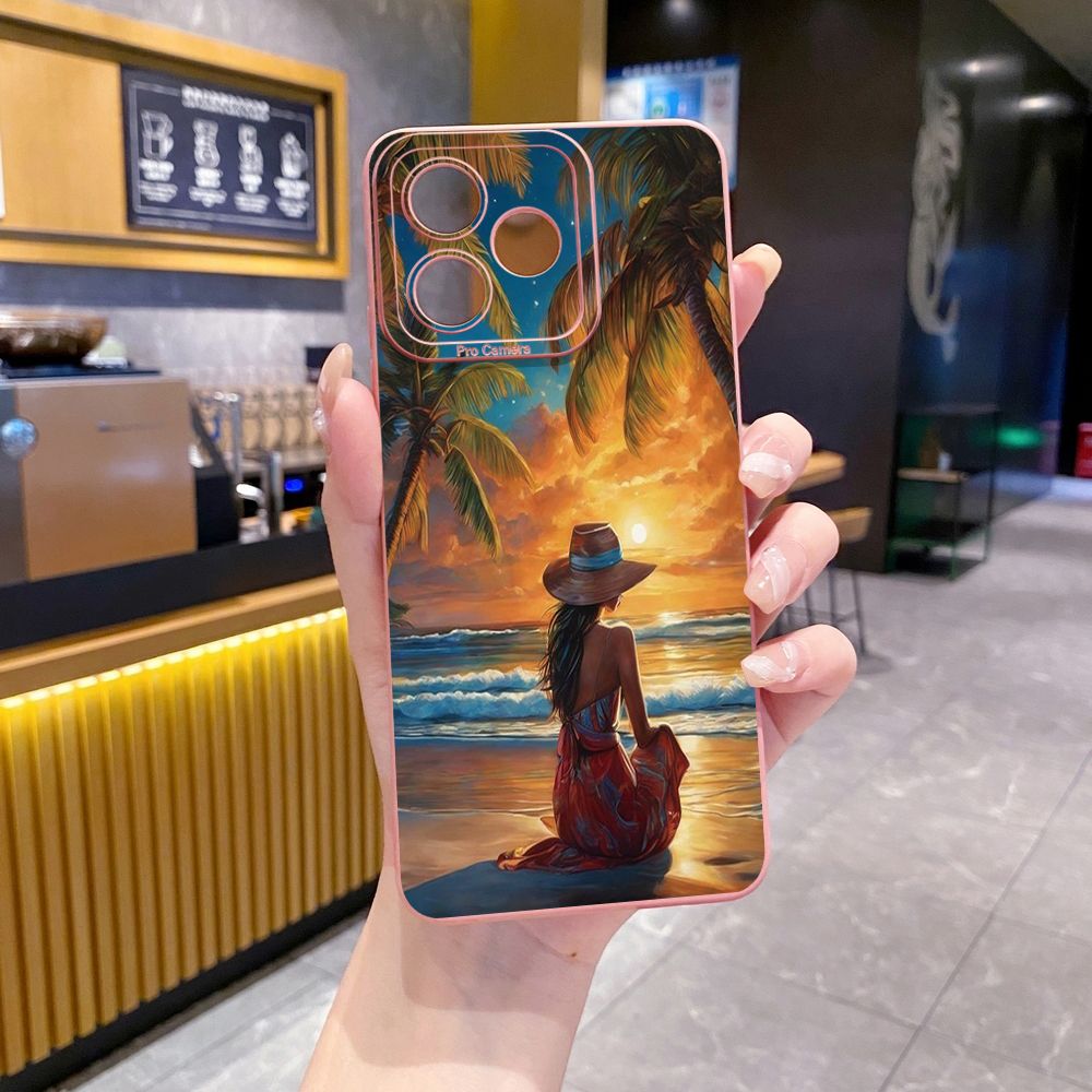 for Realme C67 C53 C51 Note 50 C21 C33 C30 C35 C11 2021 C12 C15 C21Y C25Y C25S Realme5 5i 6i 9i 8 Pro Coconut Tree Vocation Girl Full Protective Case Anti Drop Cover