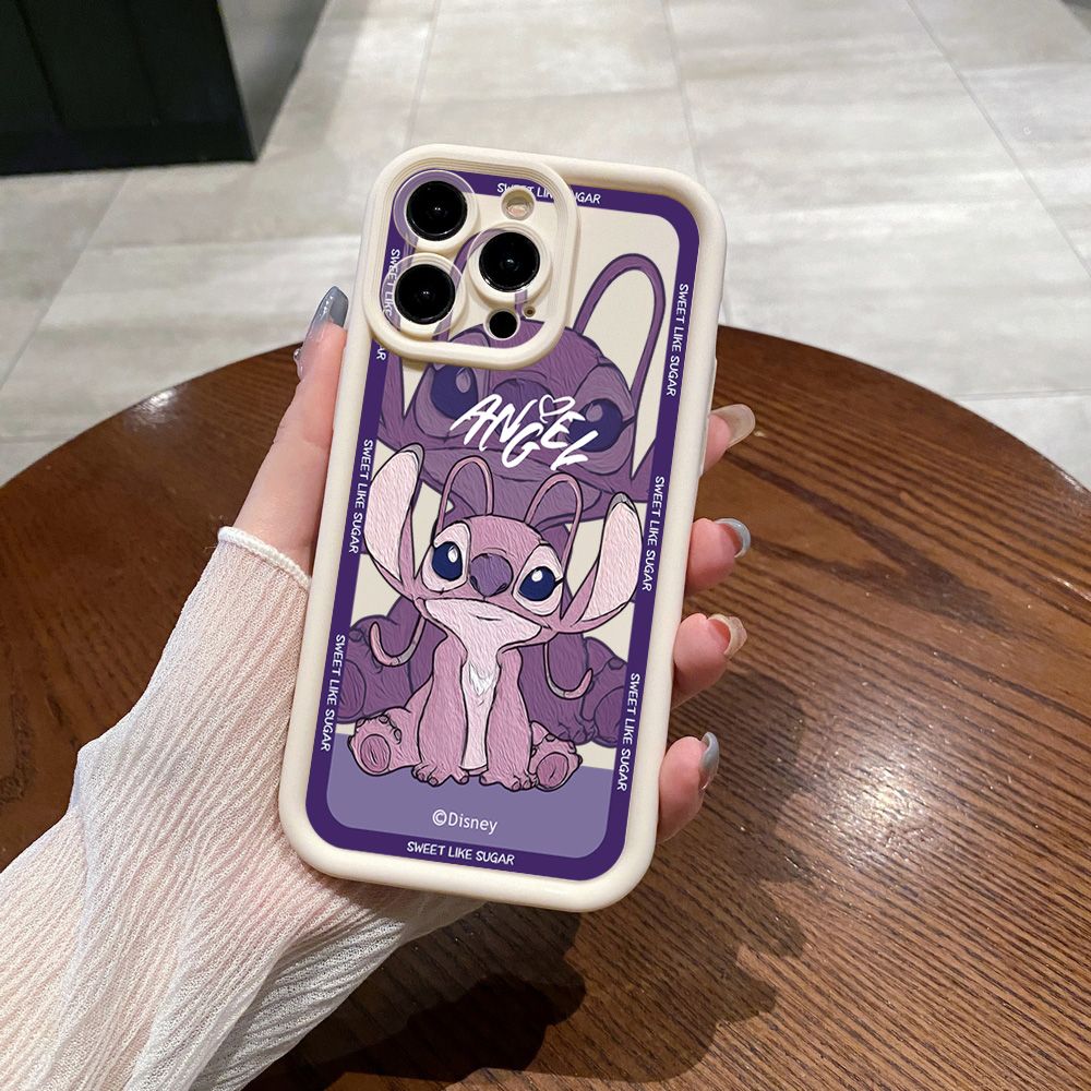 for iPhone 15 Pro Max 14 Plus 13 12 11 XR 8 7 SE 2022 XS Stitch Angel Couple Full Protective Phone Case Anti Drop Cover