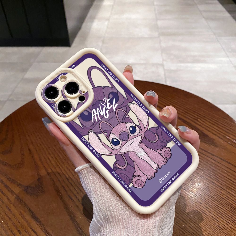 for iPhone 15 Pro Max 14 Plus 13 12 11 XR 8 7 SE 2022 XS Stitch Angel Couple Full Protective Phone Case Anti Drop Cover