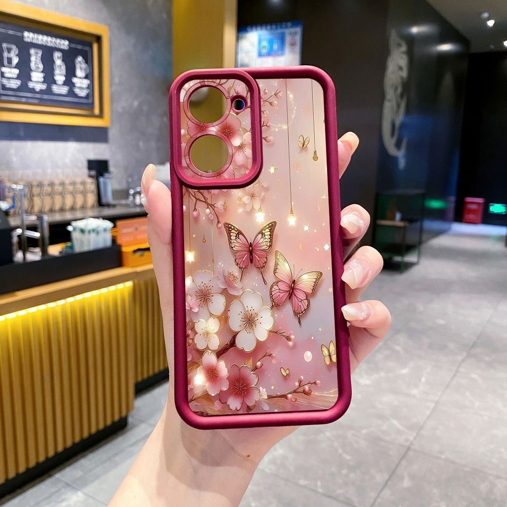 for VIVO Y17S Y27 T1X Y02S Y21S Y02 Y33S Y12S Y18 Y38 Golden Pink Butterfly Full Protective Phone Case Anti Drop Cover