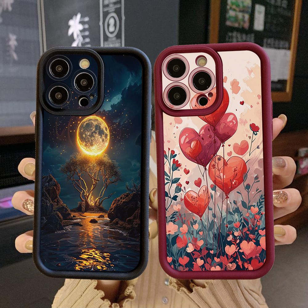 for iPhone 15 Pro Max 14 Plus 13 12 11 XR 8 7 SE 2022 XS Bright Moon Red Heart Full Protective Phone Case Anti Drop Cover