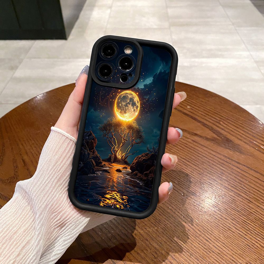 for iPhone 15 Pro Max 14 Plus 13 12 11 XR 8 7 SE 2022 XS Bright Moon Red Heart Full Protective Phone Case Anti Drop Cover