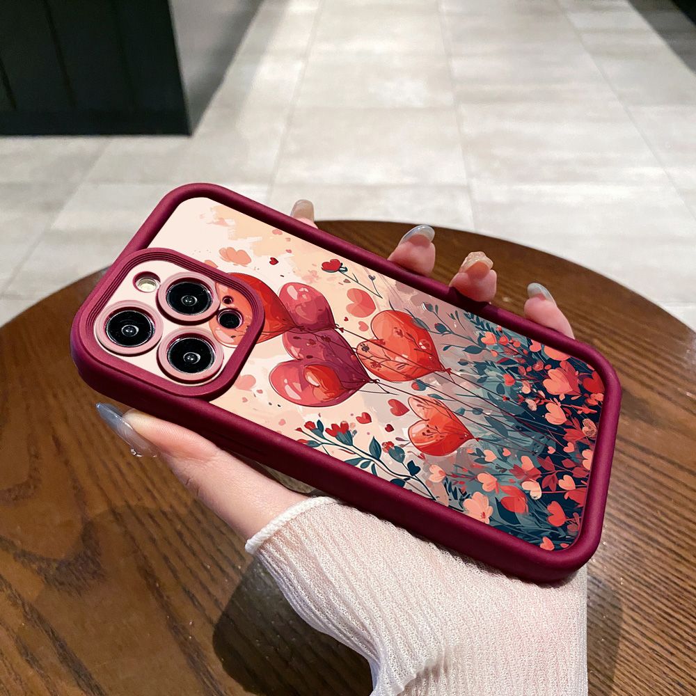 for iPhone 15 Pro Max 14 Plus 13 12 11 XR 8 7 SE 2022 XS Bright Moon Red Heart Full Protective Phone Case Anti Drop Cover
