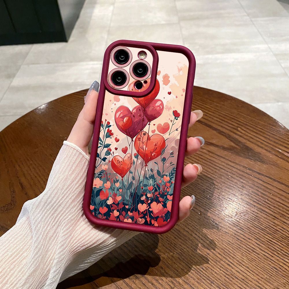 for iPhone 15 Pro Max 14 Plus 13 12 11 XR 8 7 SE 2022 XS Bright Moon Red Heart Full Protective Phone Case Anti Drop Cover