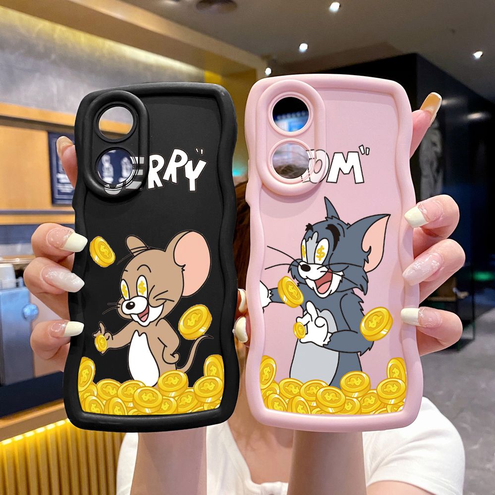 For OPPO Reno 5 6 Lite 7 8 Reno 7Z 8 Z 5F F19 F21 Pro Tom Jerry Coin Wave Frame Phone Case Anti Drop Cover