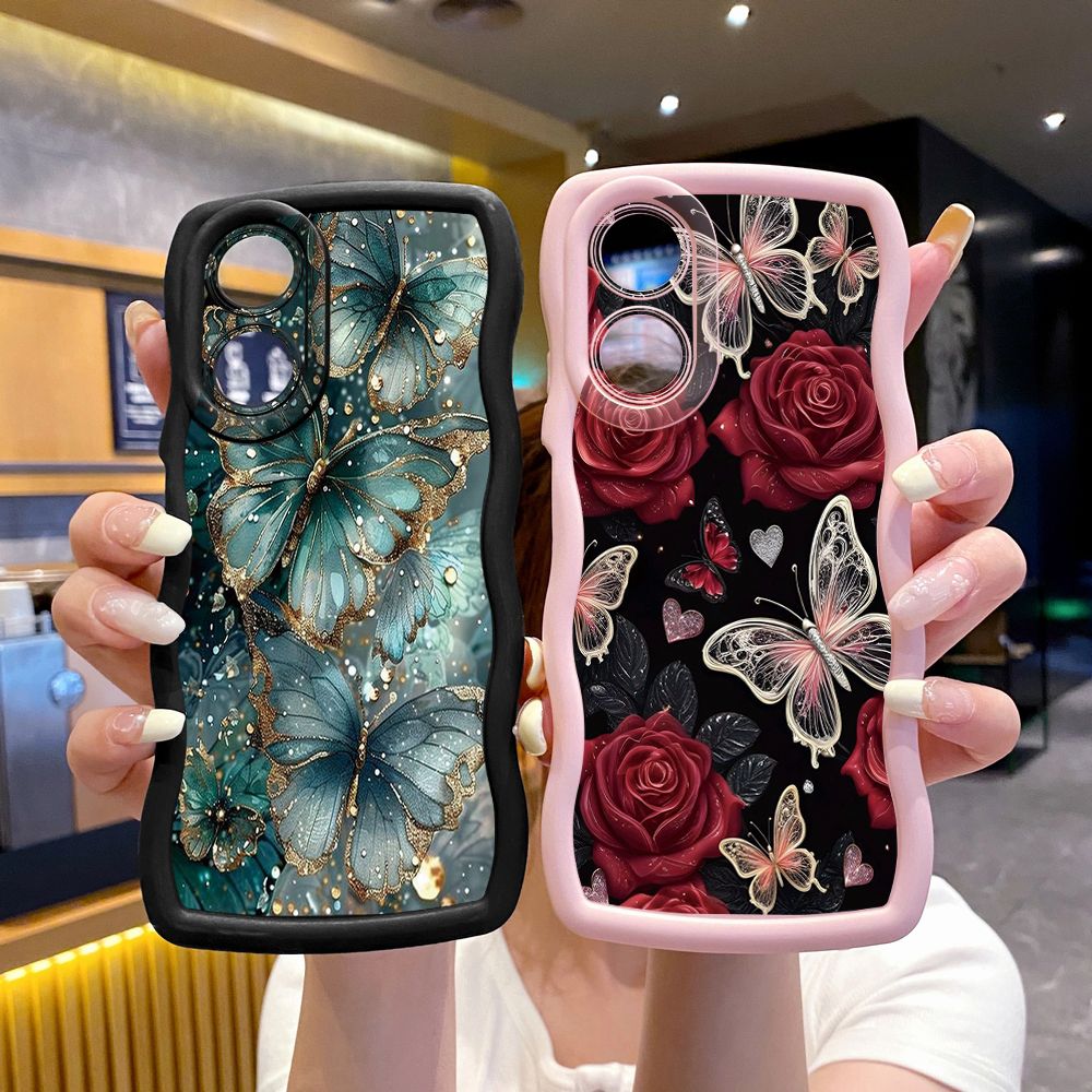 For OPPO Reno 5 6 Lite 7 8 Reno 7Z 8 Z 5F F19 F21 Pro Jadeite Rose Butterfly Wave Frame Phone Case Anti Drop Cover