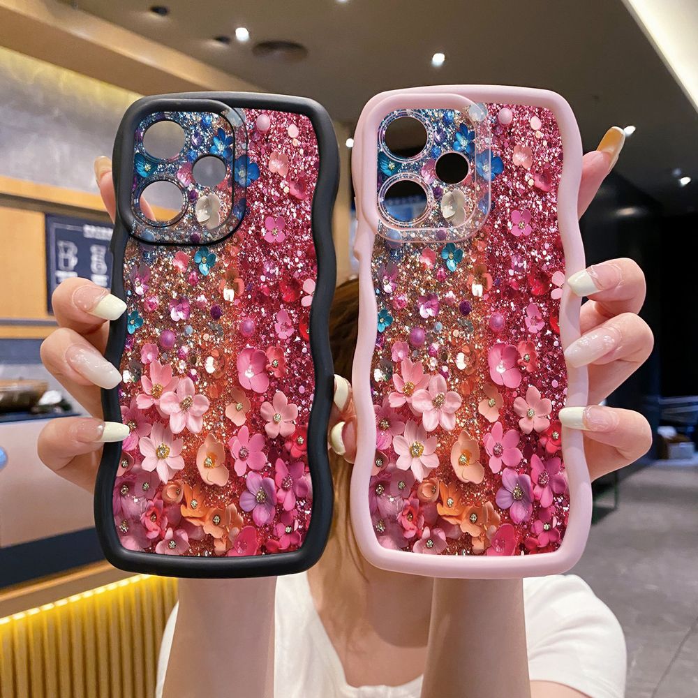 For Infinix Hot 40i 40 Pro Note 30 Play Smart 8 Pro 9 10 Play Lite Pink Diomand Flower Wave Frame Phone Case Anti Drop Cover