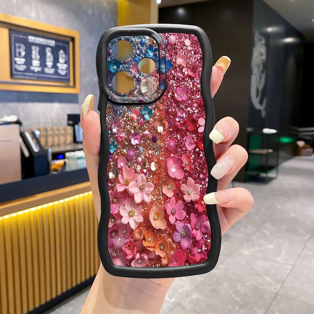 For Infinix Hot 40i 40 Pro Note 30 Play Smart 8 Pro 9 10 Play Lite Pink Diomand Flower Wave Frame Phone Case Anti Drop Cover