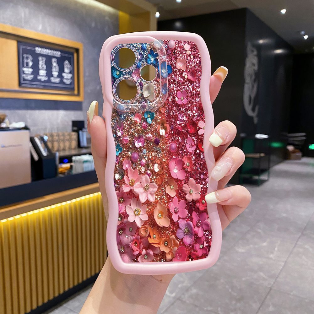 For Infinix Hot 40i 40 Pro Note 30 Play Smart 8 Pro 9 10 Play Lite Pink Diomand Flower Wave Frame Phone Case Anti Drop Cover