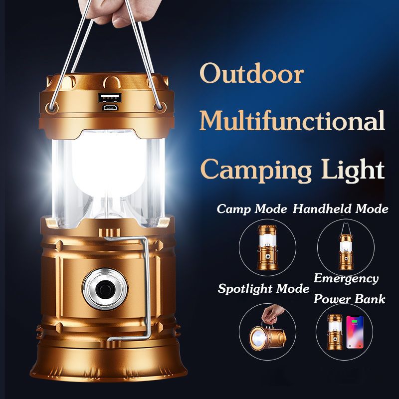 Camping light USB and Solar rechargeable LED lighting Functions as lantern, spotlight, and emergency power bank. Lightweight (300g), durable