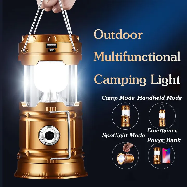 Camping light USB and Solar rechargeable LED lighting Functions as lantern, spotlight, and emergency power bank. Lightweight (300g), durable