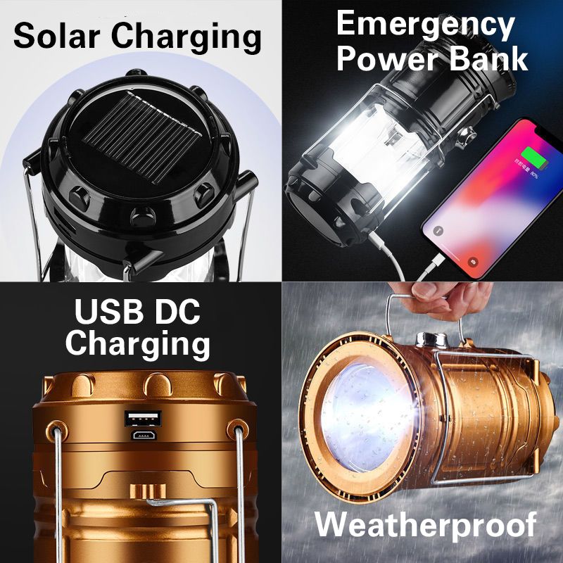 Camping light USB and Solar rechargeable LED lighting Functions as lantern, spotlight, and emergency power bank. Lightweight (300g), durable