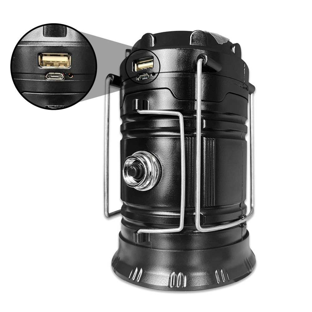 Camping light USB and Solar rechargeable LED lighting Functions as lantern, spotlight, and emergency power bank. Lightweight (300g), durable