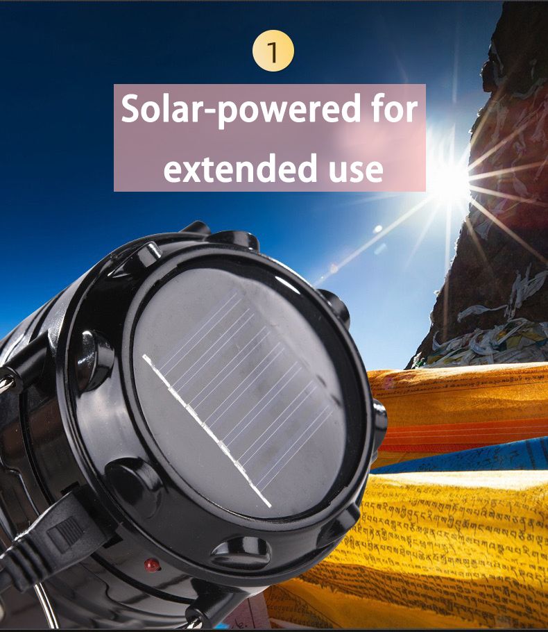 Camping light USB and Solar rechargeable LED lighting Functions as lantern, spotlight, and emergency power bank. Lightweight (300g), durable