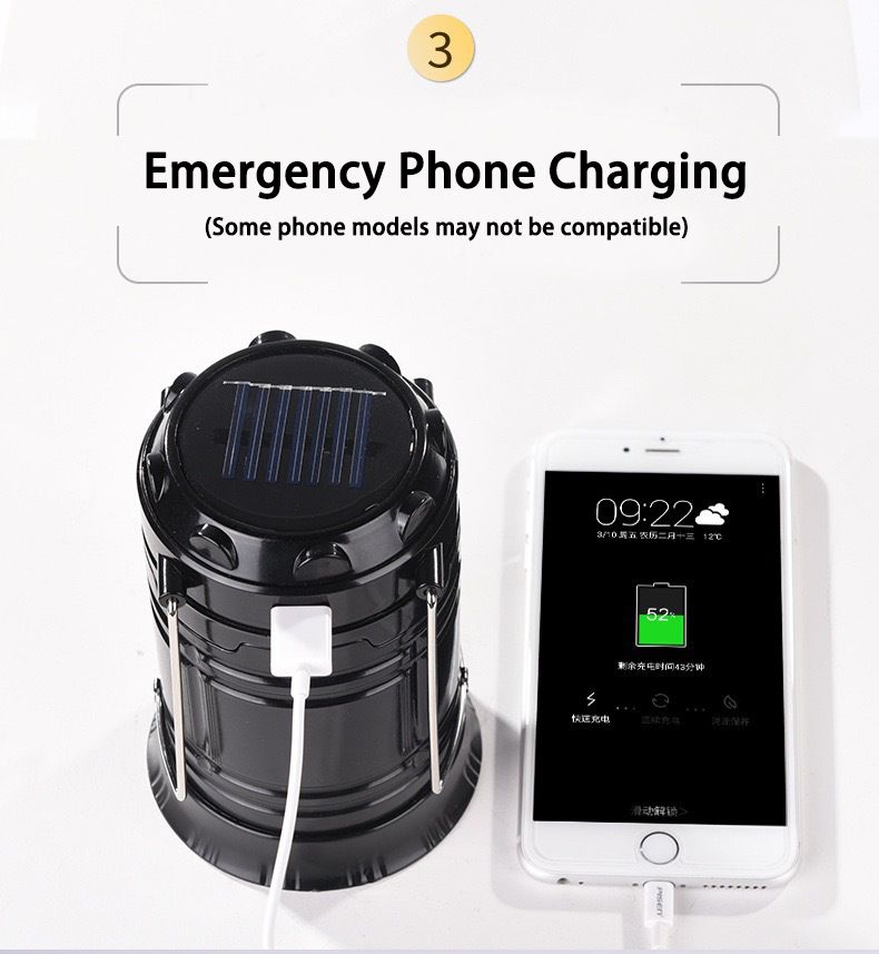 Camping light USB and Solar rechargeable LED lighting Functions as lantern, spotlight, and emergency power bank. Lightweight (300g), durable