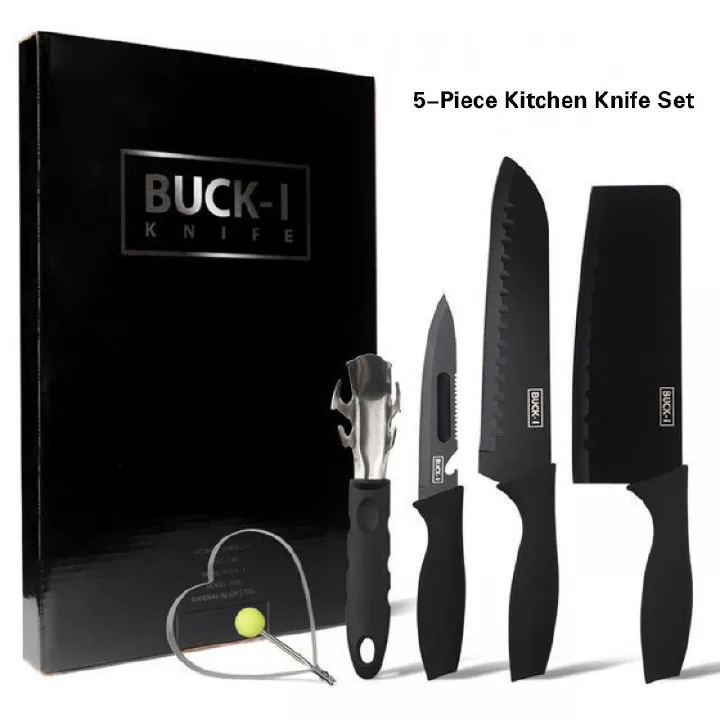 5-Piece Kitchen Knife Set Black Protective Coating, Premium Stainless Steel Versatile for Cutting Meat, Vegetables, Peeling Fruits, and More