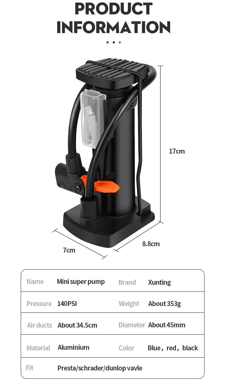 Portable Bike Pump - Hand/Foot Operated, 120 PSI, Compatible with Presta & Schrader Valves, Inflates Cars, Motorcycles, Balls & Inflatables Cycling Accesories