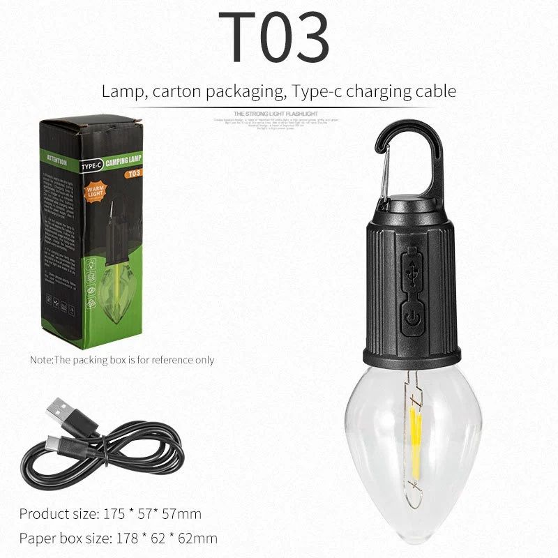 LED Camping Light Type-C USB Rechargeable Waterproof 400mAh 100LM Tent Light with Hook 4 Modes Outdoor Lighting