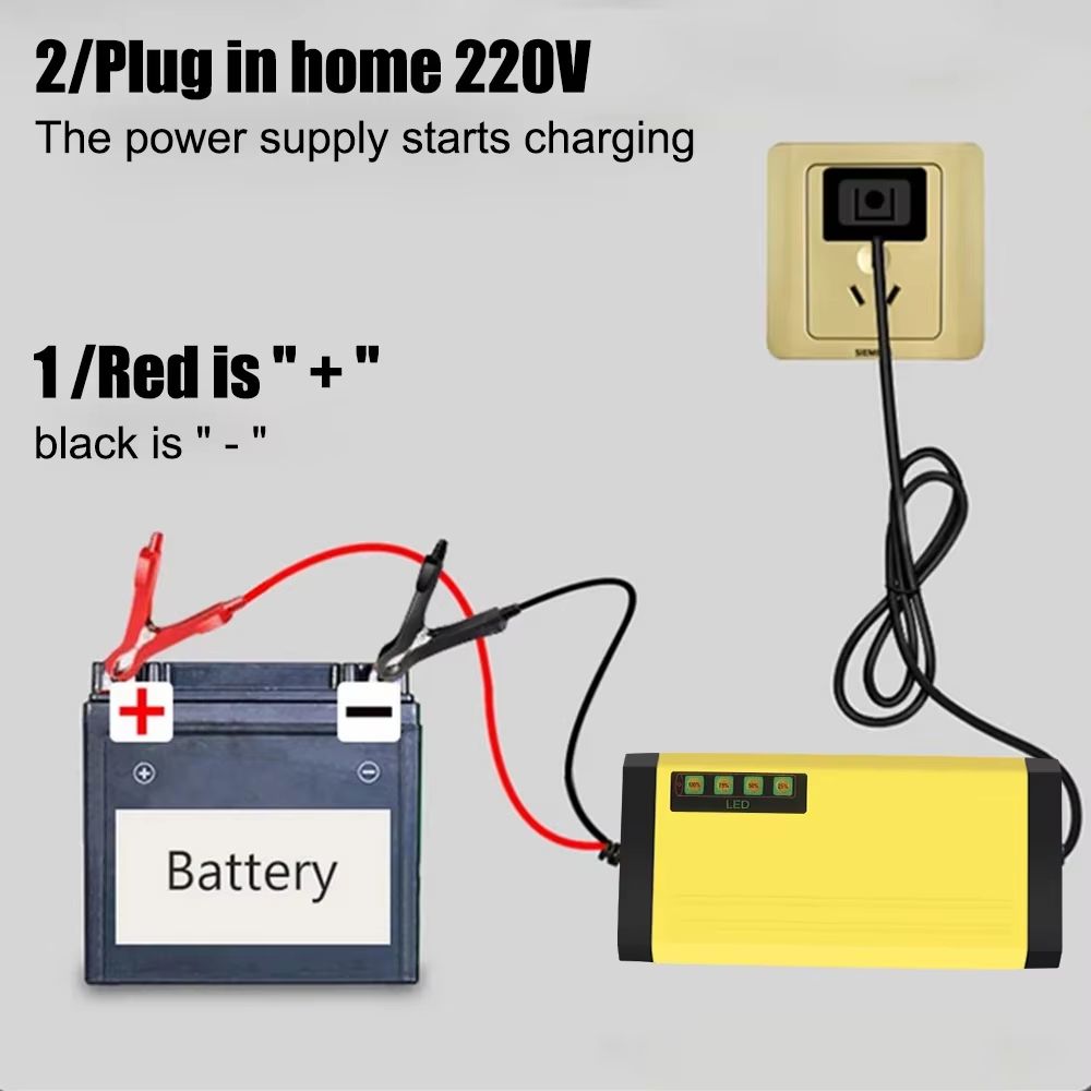 12V Motorcycle & Car Battery Fully Automatic Charging Adapter Lead Acid Gel Charger 110V 220V12V 2A LCD Display Smart Charger