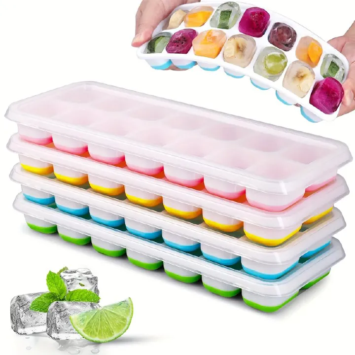 2 Pieces Silicone Ice Cube Trays, Easy-Release Flexible Molds with Spill-Resistant Lid, Stackable Ice Cube Trays with Covers