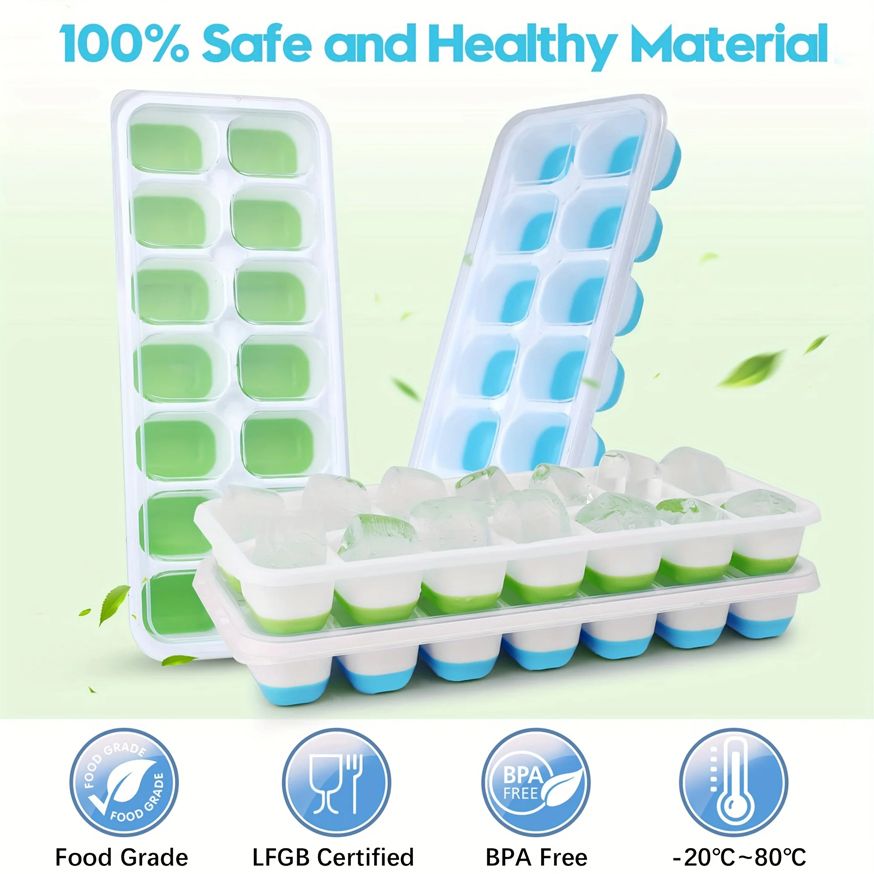 2 Pieces Silicone Ice Cube Trays, Easy-Release Flexible Molds with Spill-Resistant Lid, Stackable Ice Cube Trays with Covers