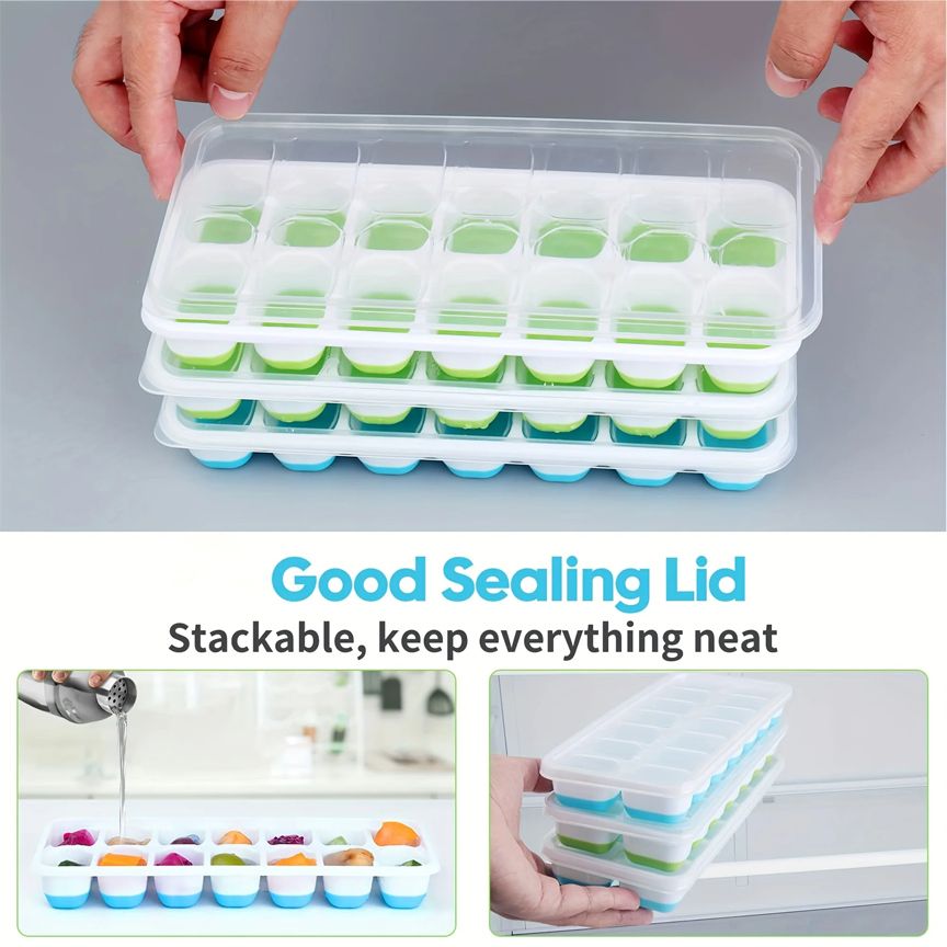 2 Pieces Silicone Ice Cube Trays, Easy-Release Flexible Molds with Spill-Resistant Lid, Stackable Ice Cube Trays with Covers
