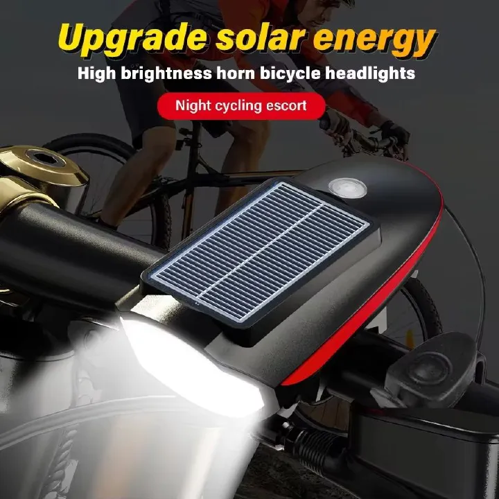Powerful Solar Bicycle Light Loud Bell USB C Charging Built-in Battery Riding Flashlight Waterproof Headlamp Horn Bicycle Lamp