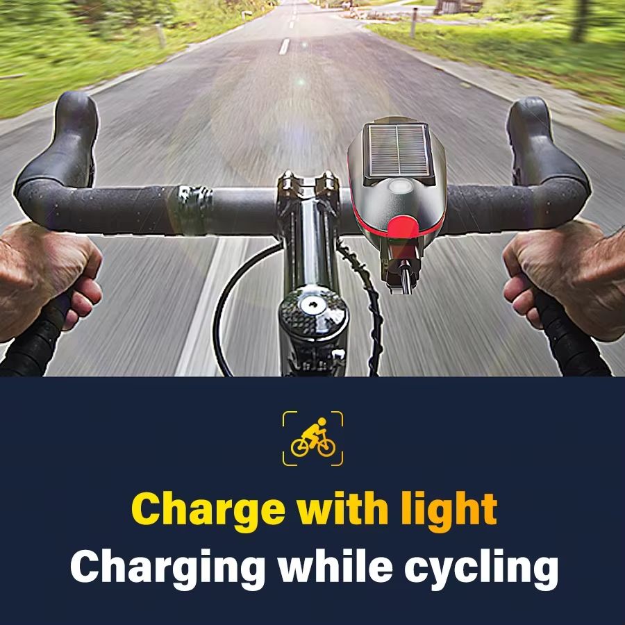 Powerful Solar Bicycle Light Loud Bell USB C Charging Built-in Battery Riding Flashlight Waterproof Headlamp Horn Bicycle Lamp