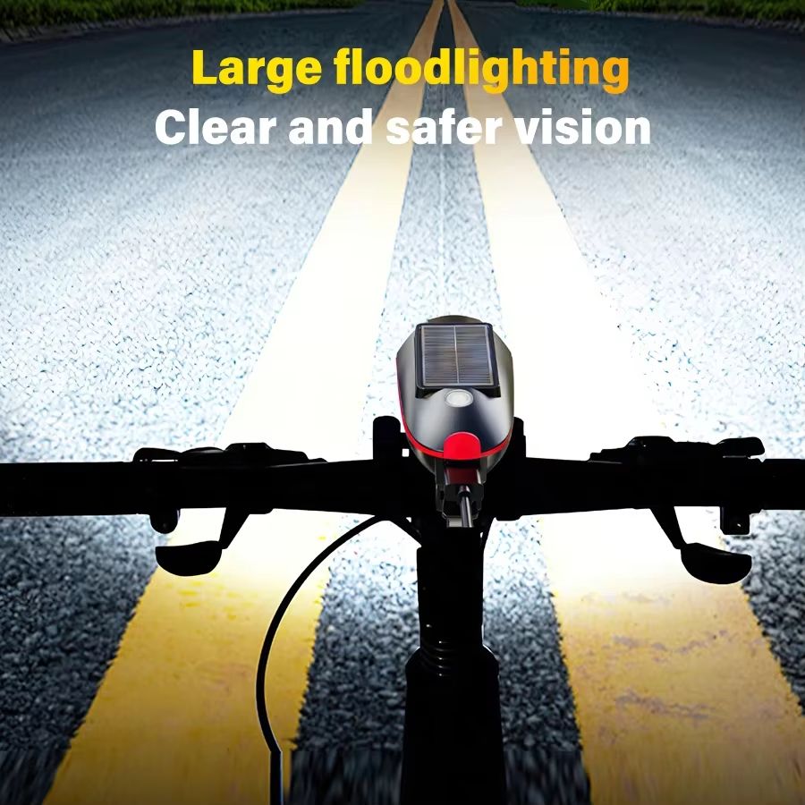 Powerful Solar Bicycle Light Loud Bell USB C Charging Built-in Battery Riding Flashlight Waterproof Headlamp Horn Bicycle Lamp