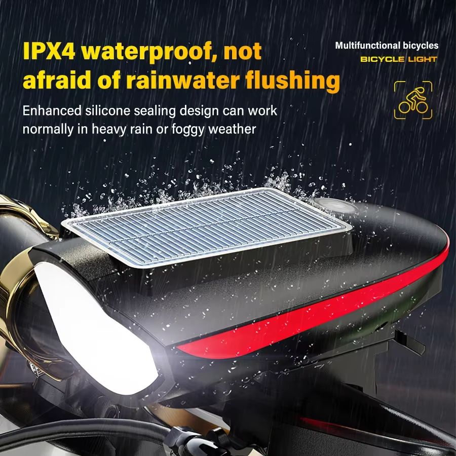 Powerful Solar Bicycle Light Loud Bell USB C Charging Built-in Battery Riding Flashlight Waterproof Headlamp Horn Bicycle Lamp