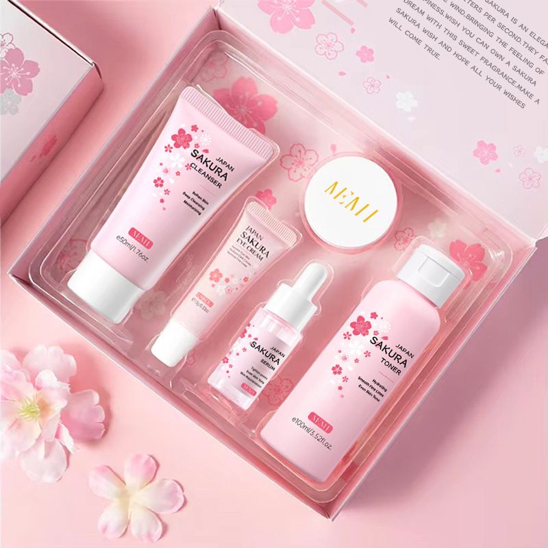 Sakura Kit Skin Care Sets Moisturizing and Reducing Fine Lines Cleansing Pore Product 5-Piece JAPAN Skincare Set Face cleanser- Face toner-Sakura serum -Facial cream - Eye cream  prefect gift